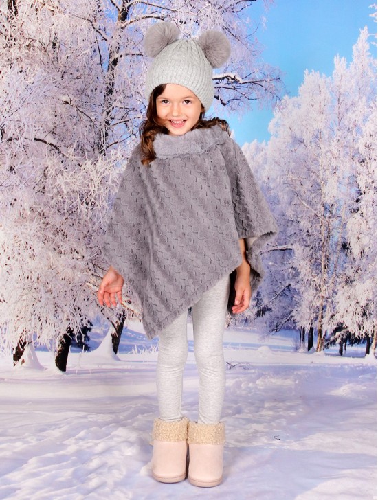 Kids Soft Faux Fur Poncho W/  Weave Pattern and Faux Fur Neckline (3-7 Years Old) 